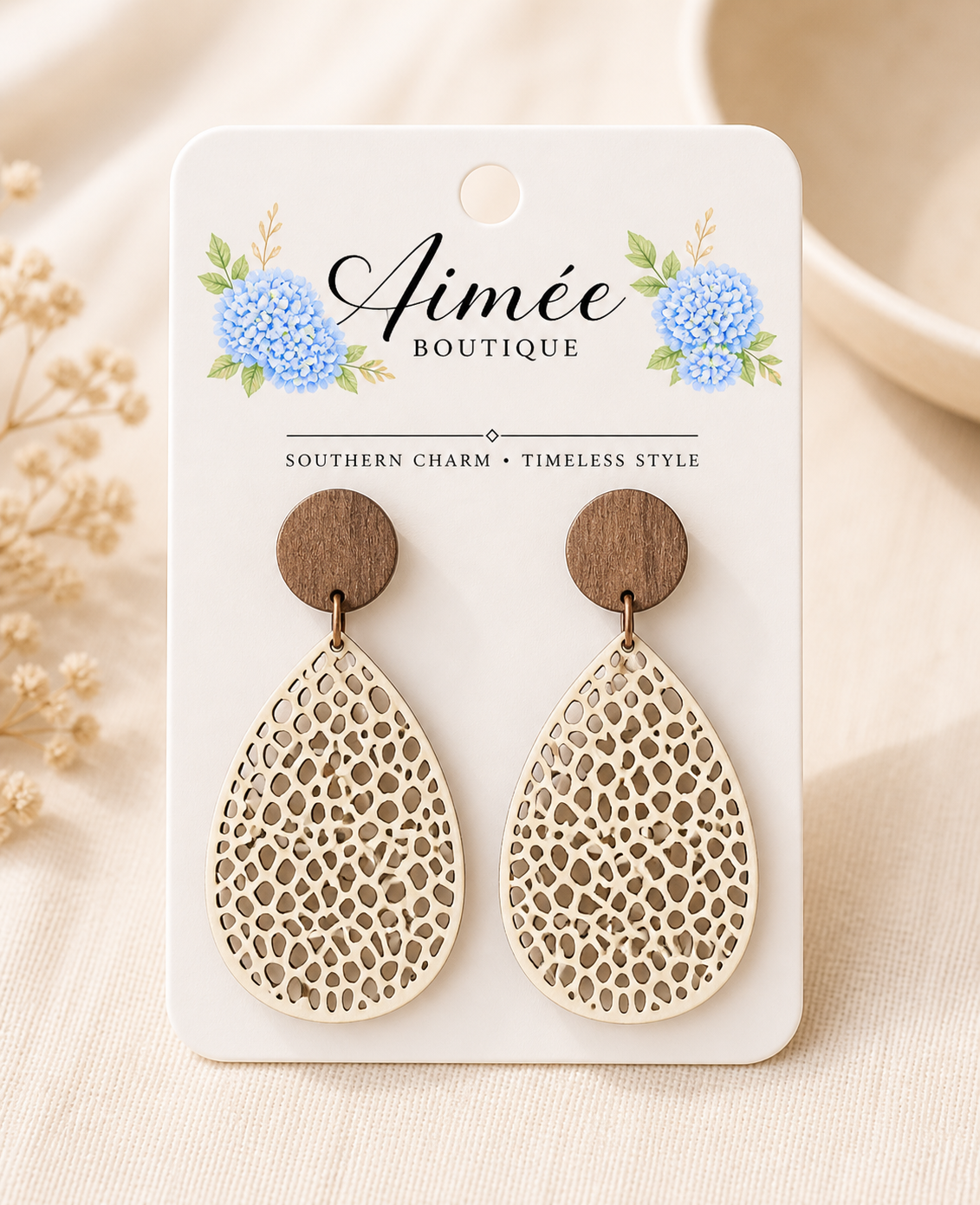 Beige and Brown Wooden Earrings