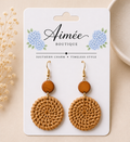 Beige Wooden Woven Disc Dangle Earrings