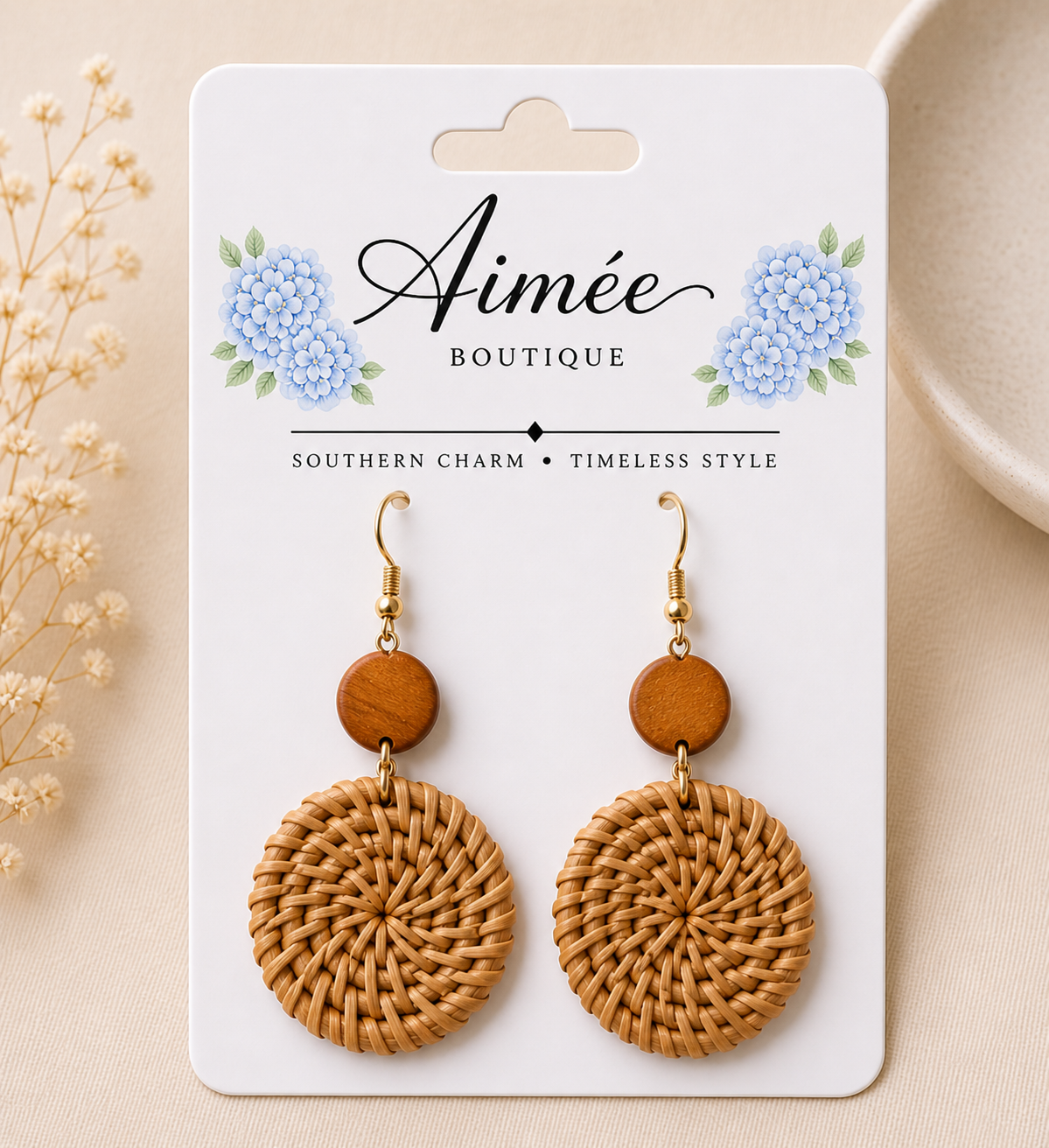 Beige Wooden Woven Disc Dangle Earrings