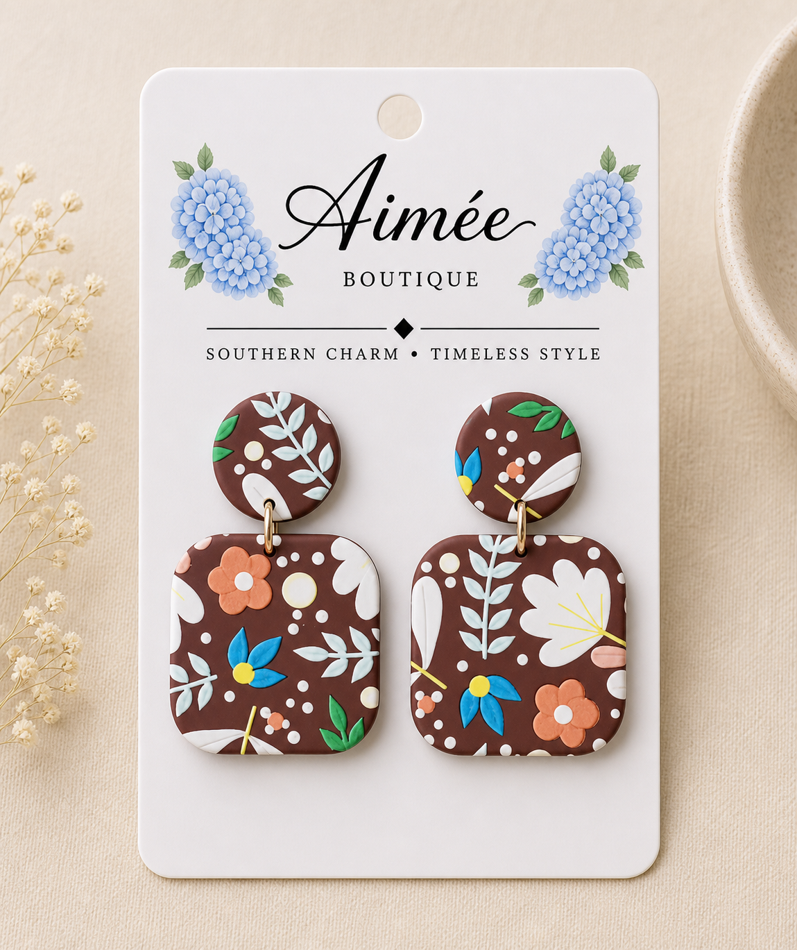 Brown Square Floral Earrings