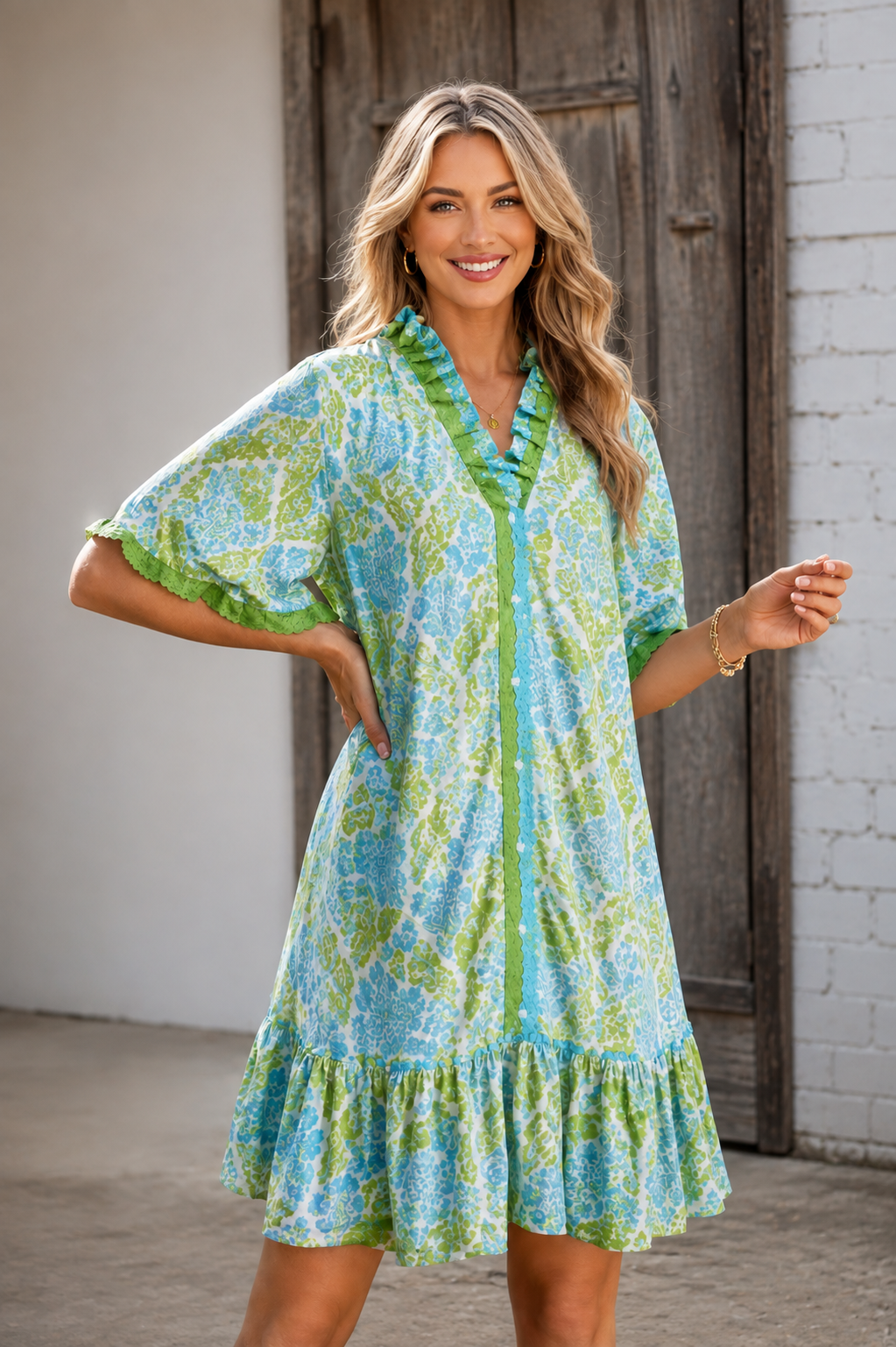Sky Blue Botanical Floral Print Frilled Trim V Neck Button Front Loose Dress