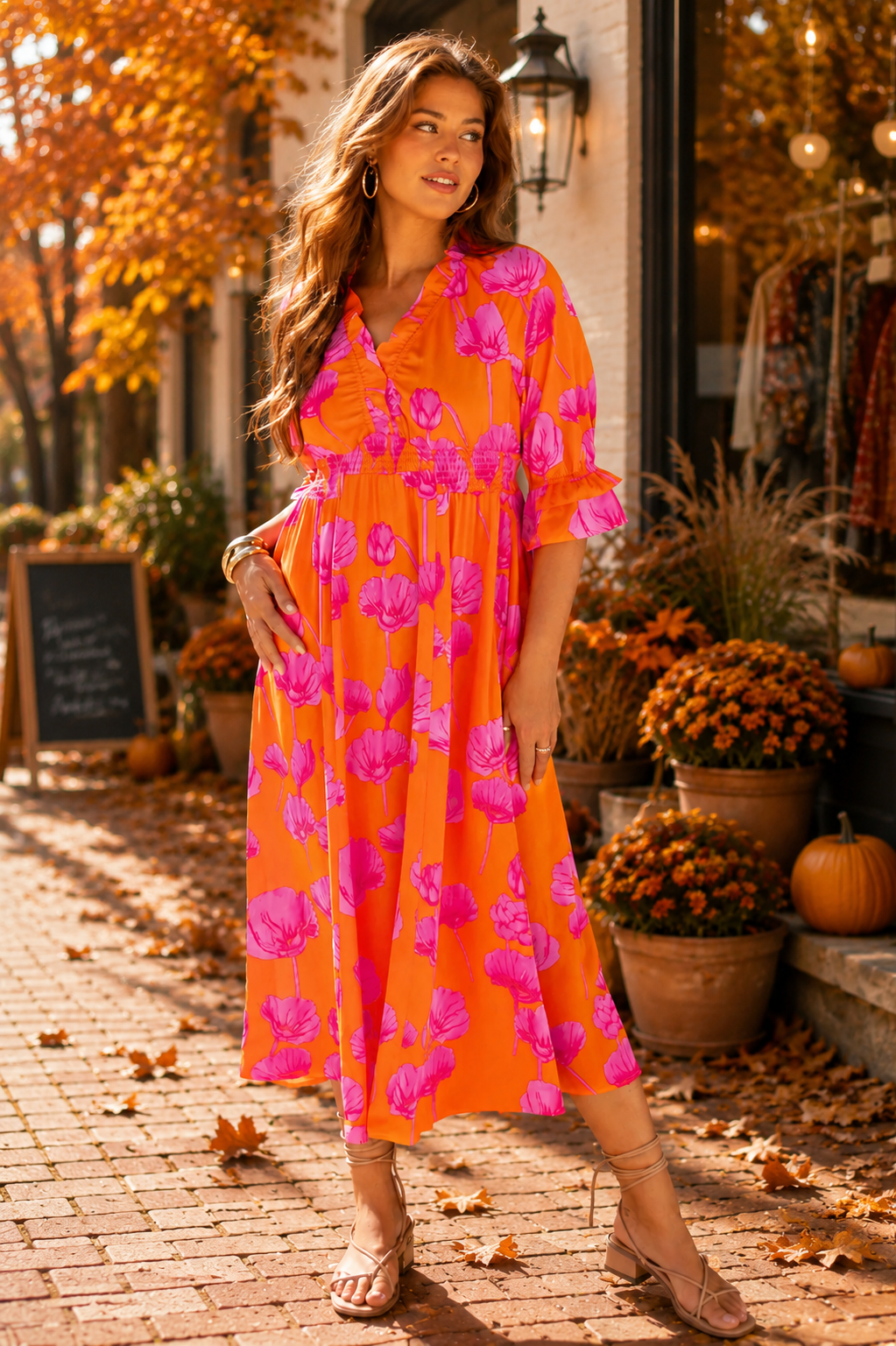 Orange Floral Print Frilly Smocked V Neck 3/4 Sleeve Long Dress