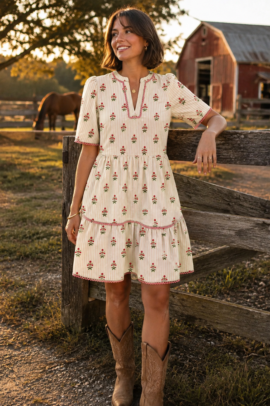 Apricot Striped Floral Print Contrast Detail Ruffle Hem Short Dress