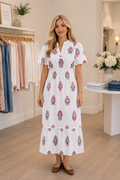 White Floral Print Split Neck Shirred High Waist Ruffle Hem Maxi Dress