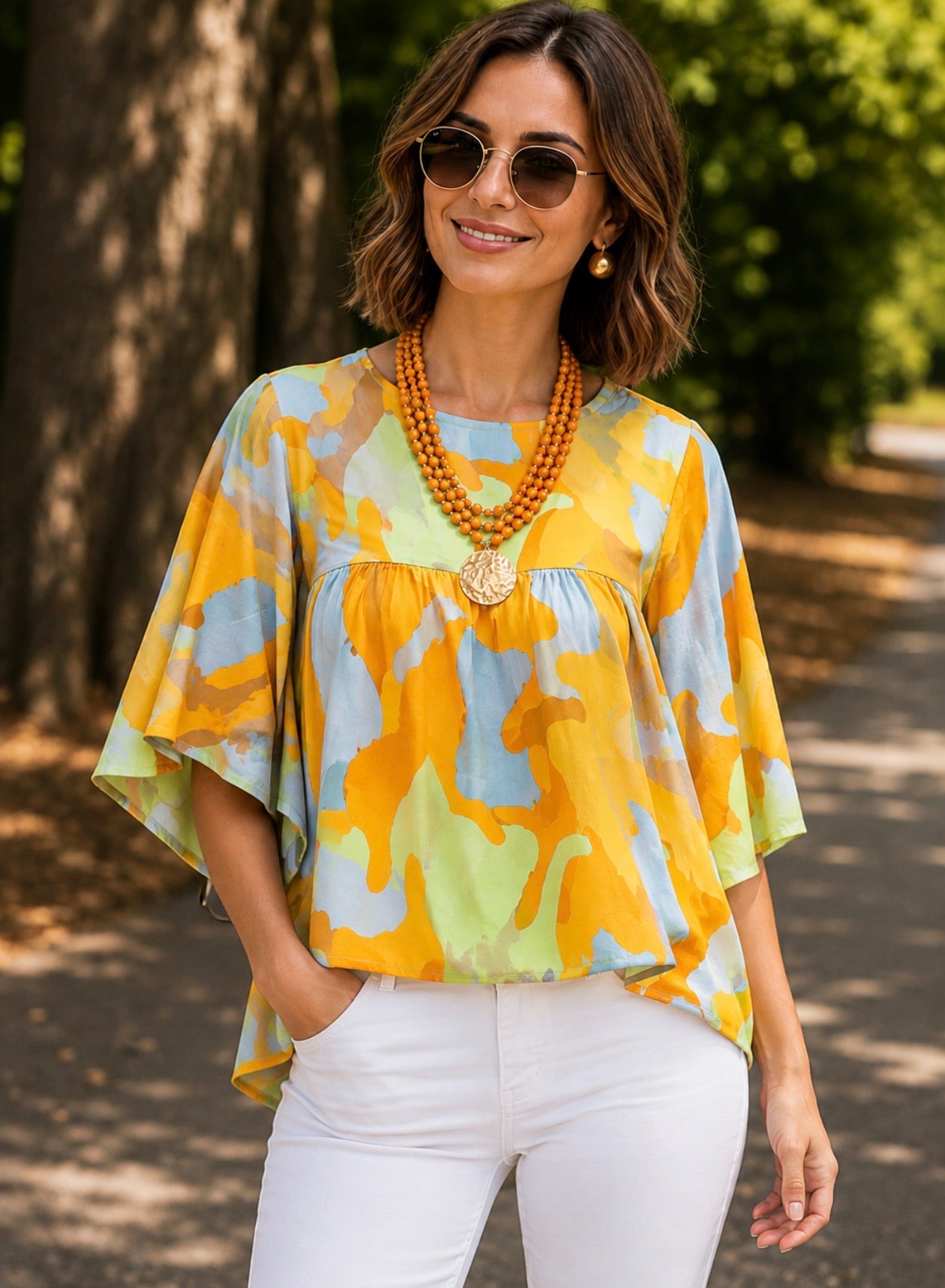 Vitality Orange Abstract Pattern Wide Sleeve Crew Neck Blouse