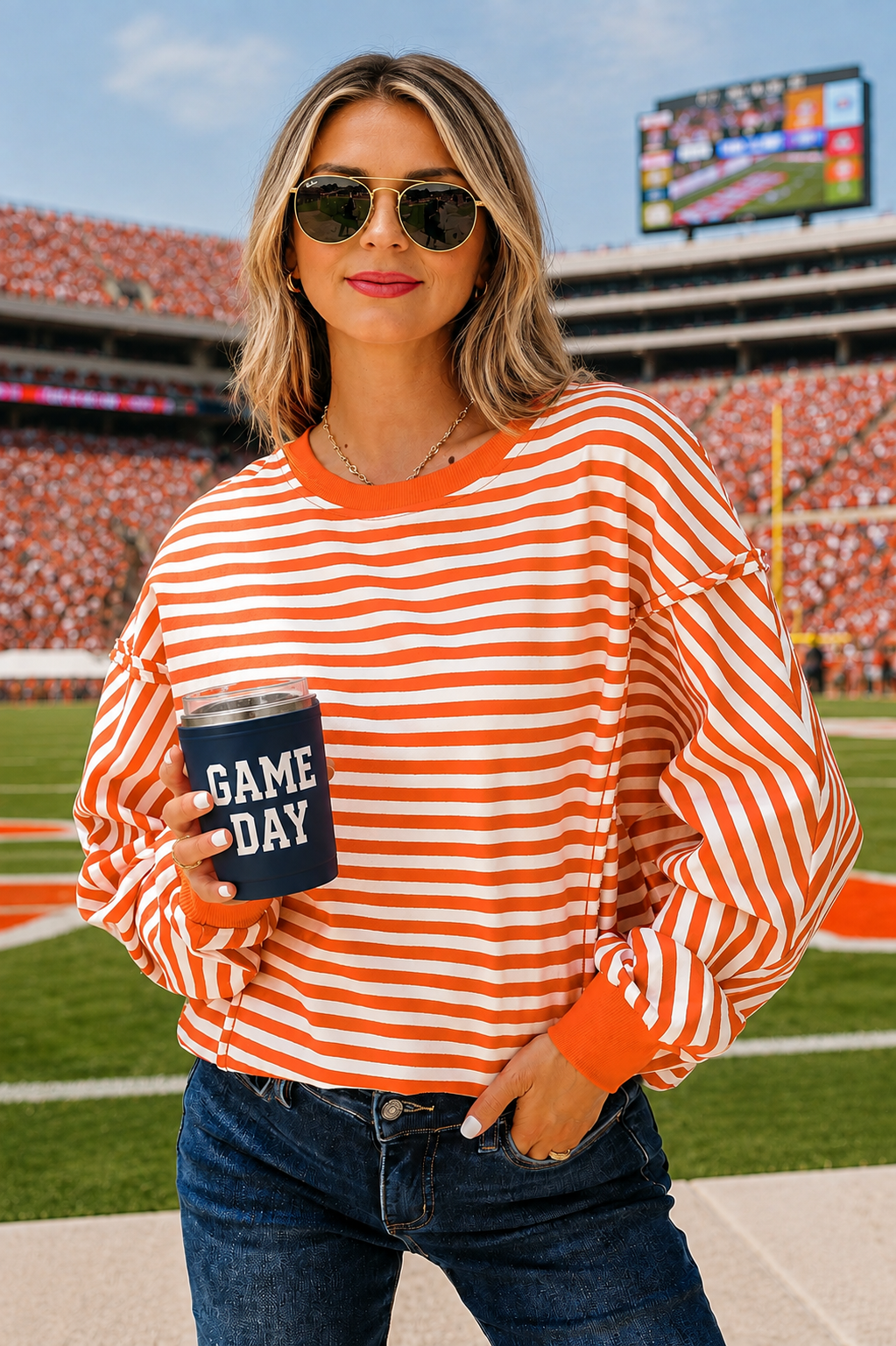 Orange Stripe Exposed Seam Drop Shoulder Casual Pullover Top