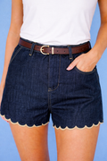 Navy Blue Embroidered Scalloped Trim Relaxed Denim Shorts