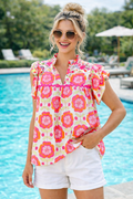 Rose Floral Ruffled Sleeve Ric-rac Trim Split Neck Loose Blouse