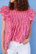 Rose Red Floral Print Pleated Ruffled Flutter Sleeve Blouse