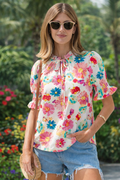 Beige Vibrant Summer Floral Tie V Neck Short Puff Sleeve Blouse