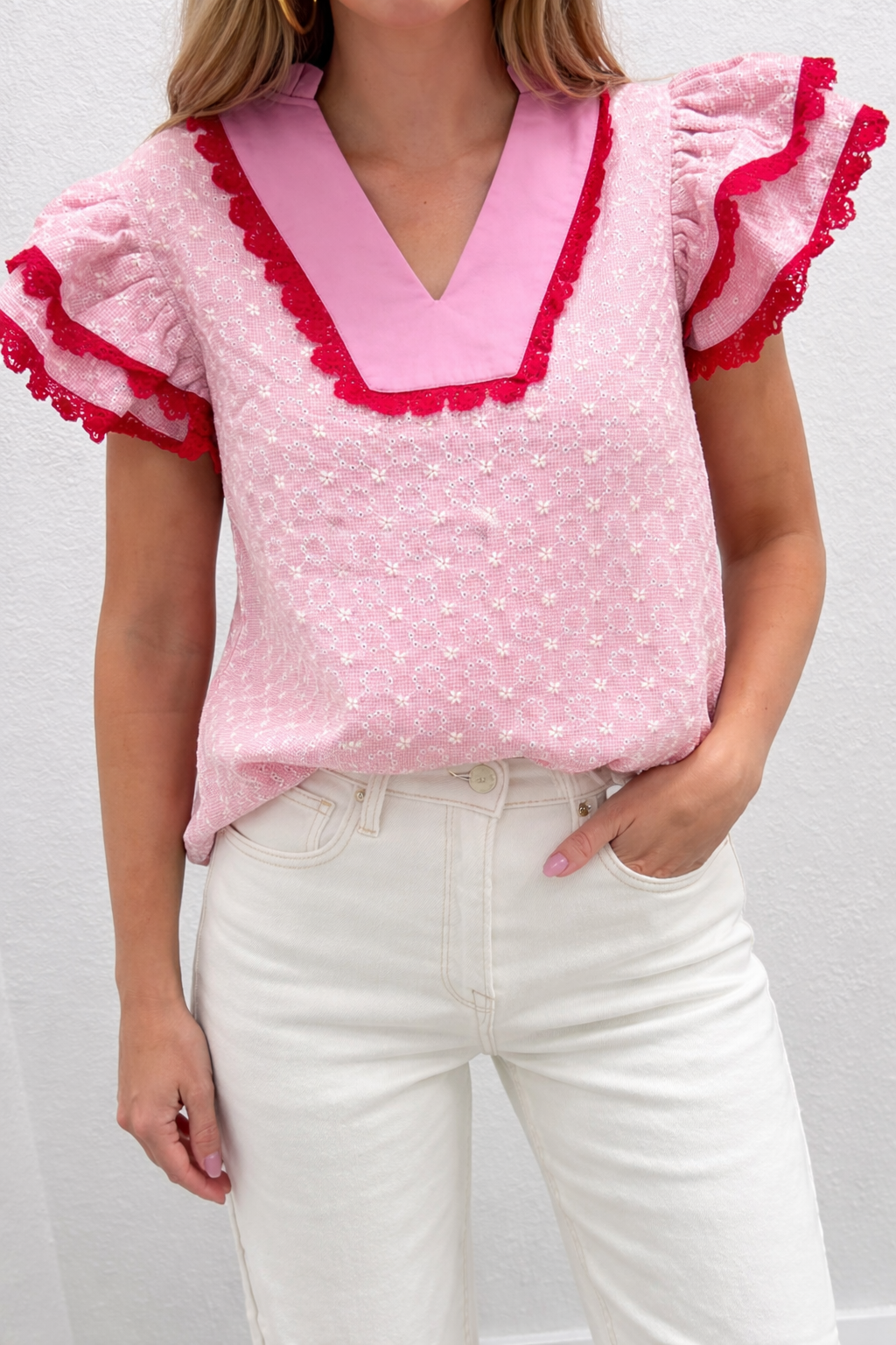 Eyelet Embroidered Flower Texture Contrast Lace Trim Flutter Sleeve Blouse