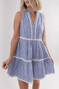Blue Stripe Sleeveless Notched V Neck Contrast Ric Rac Mini Dress